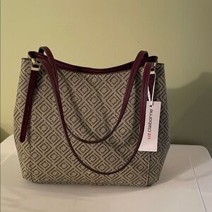 Liz Claiborne Geometric Tote with Burgundy Trim